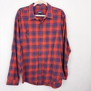 Patagonia Mens Long Sleeve pima Cotton Shirt Size L Organic Plaid Orange